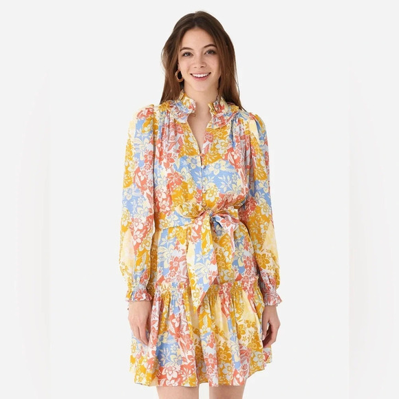 NWOT HUNTER BELL Blakely Dress Silk Belted Long Sleeve Floral Patchwork - Picture 1 of 9